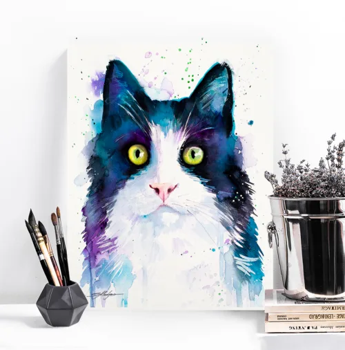 Black and white cat watercolor painting, limited edition art print by Slaveika Aladjova, view 2