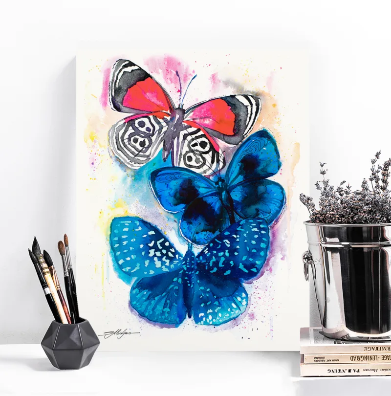 Blue and red butterflies watercolor painting, limited edition art print by Slaveika Aladjova, view 4