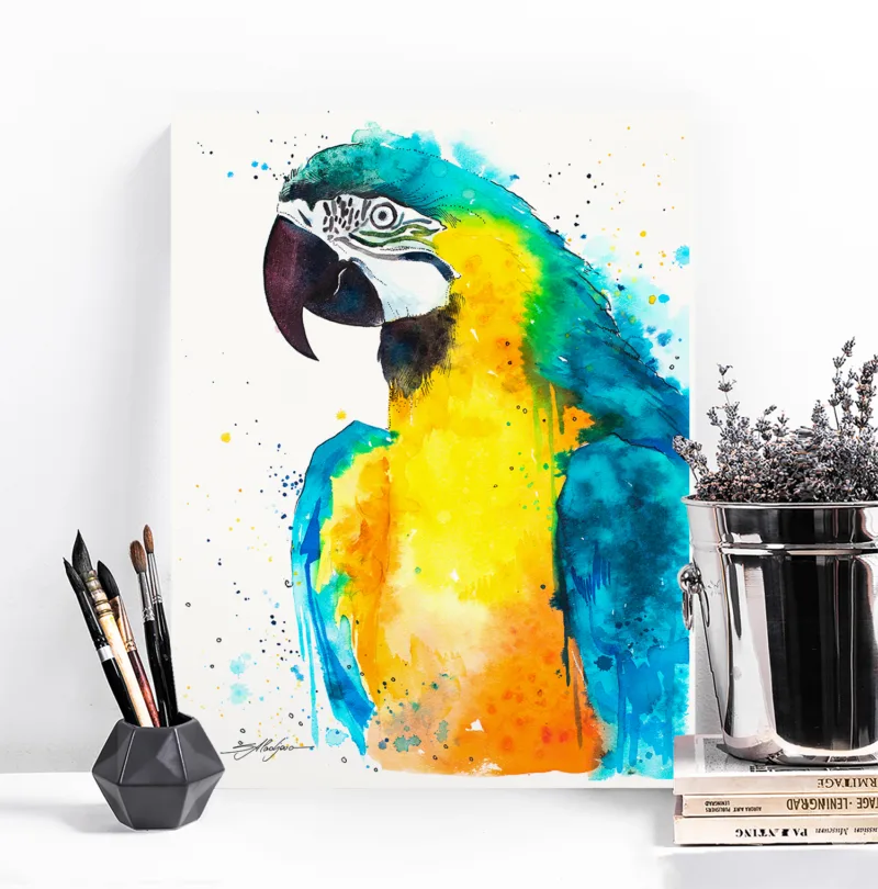 Blue and yellow macaw watercolor painting, limited edition art print by Slaveika Aladjova, view 4