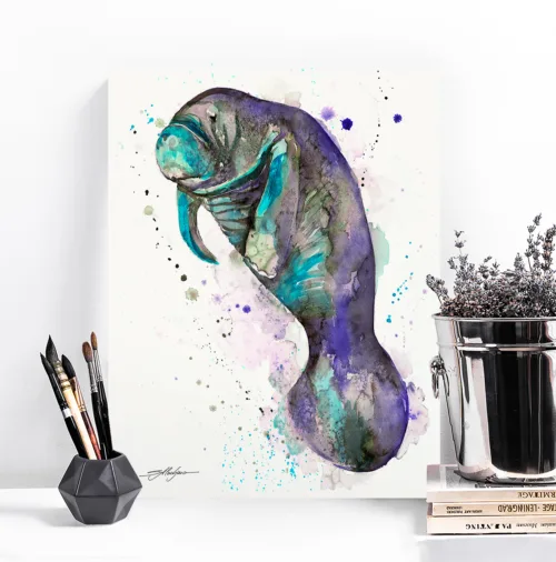 Blue manatee watercolor painting, limited edition art print by Slaveika Aladjova