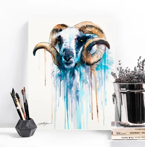 Blue sheep watercolor painting, limited edition art print by Slaveika Aladjova, view 2