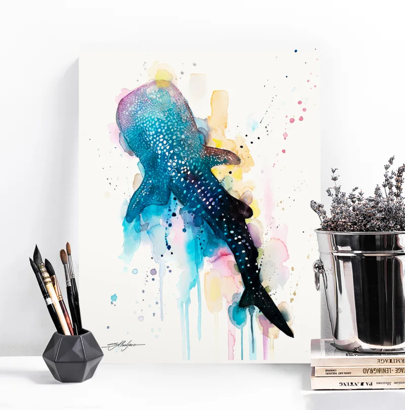 Whale shark from above, watercolor painting, limited edition art print by Slaveika Aladjova