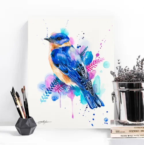 Eastern bluebird among pink ferns, watercolor painting, limited edition art print by Slaveika Aladjova, view 2