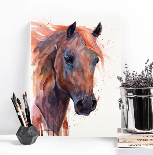 Chestnut Arabian horse watercolor painting, limited edition art print by Slaveika Aladjova, view 2