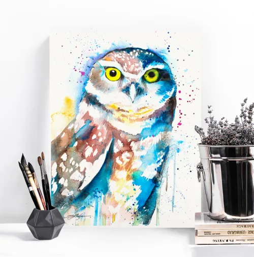 Burrowing owl watercolor painting, limited edition art print by Slaveika Aladjova, view 2