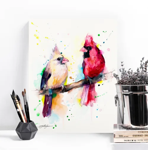Pair of northern cardinals on a branch, watercolor painting, limited edition art print by Slaveika Aladjova, view 2