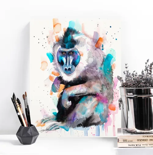 Drill monkey watercolor painting, limited edition art print by Slaveika Aladjova, view 2