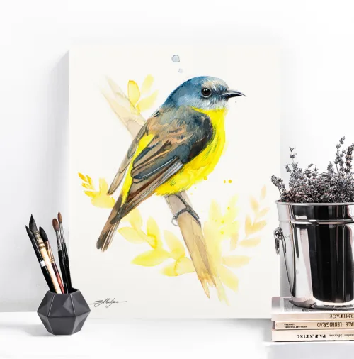 Eastern yellow robin watercolor painting, limited edition art print by Slaveika Aladjova
