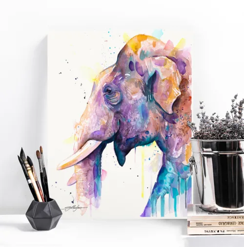 Asian elephant head watercolor painting, limited edition art print by Slaveika Aladjova, view 2