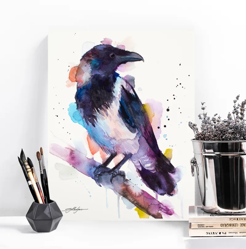 Hooded crow watercolor painting, limited edition art print by Slaveika Aladjova, view 4
