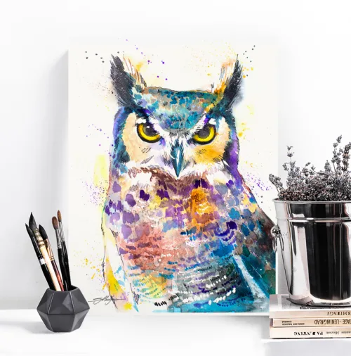 Great horned owl watercolor painting, limited edition art print by Slaveika Aladjova, view 2