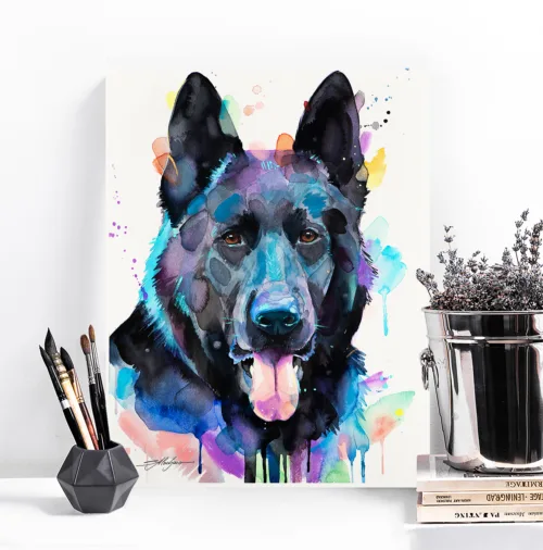 Black German Shepherd watercolor painting, limited edition art print by Slaveika Aladjova