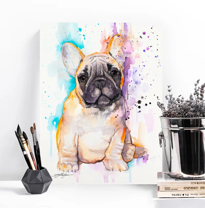 Fawn French bulldog puppy watercolor painting, limited edition art print by Slaveika Aladjova, view 2