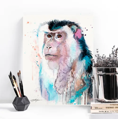 Macaque Macaque watercolor painting, limited edition art print by Slaveika Aladjova
