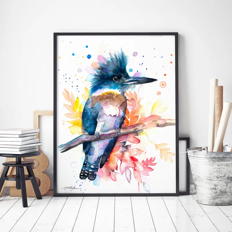 Belted kingfisher watercolor painting, limited edition art print by Slaveika Aladjova, view 4