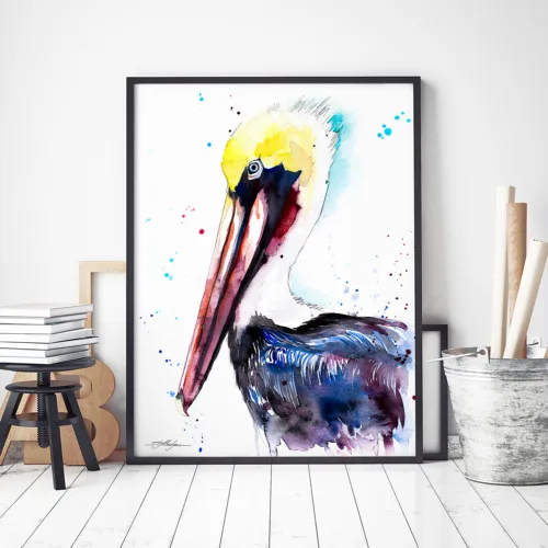 Brown pelican watercolor painting, limited edition art print by Slaveika Aladjova, view 2