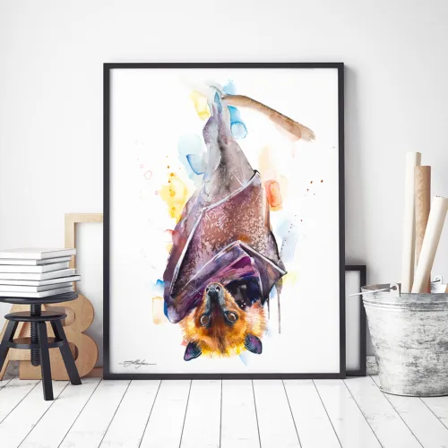 Golden-crowned flying fox fruit bat watercolor painting, limited edition art print by Slaveika Aladjova, view 2
