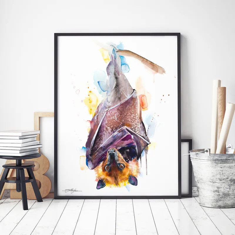 Golden-crowned flying fox fruit bat watercolor painting, limited edition art print by Slaveika Aladjova, view 2