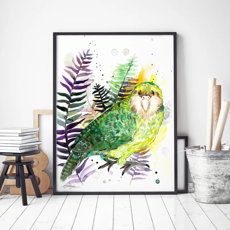 Kakapo watercolor painting, limited edition art print by Slaveika Aladjova, view 4