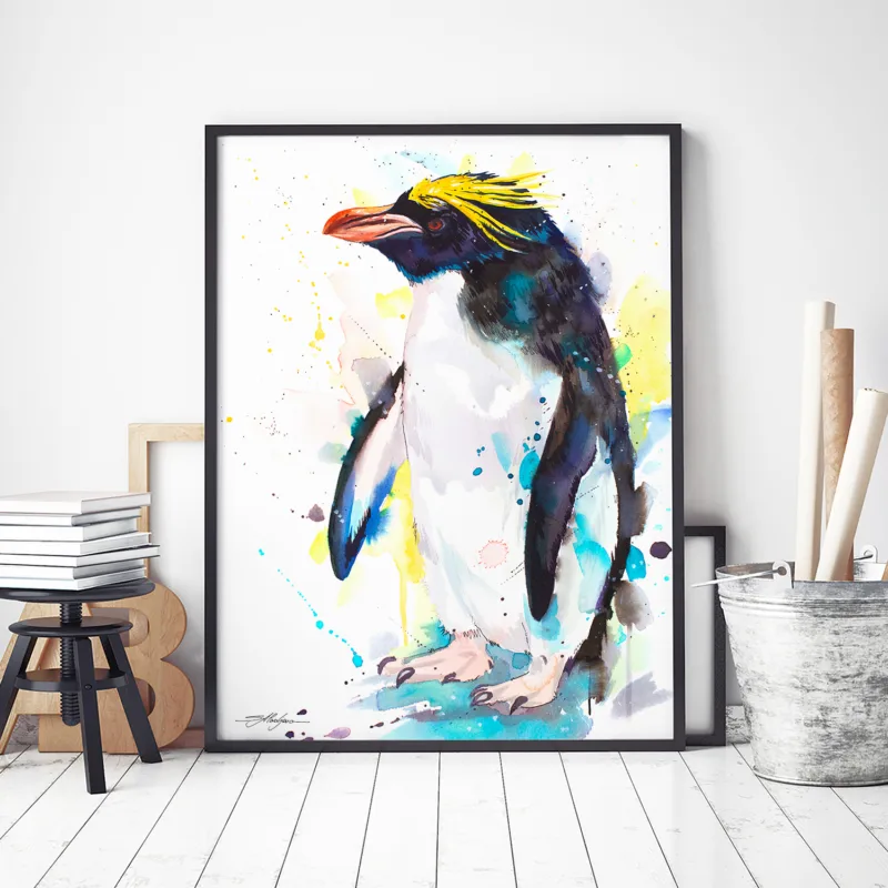 Macaroni penguin watercolor painting, limited edition art print by Slaveika Aladjova, view 3