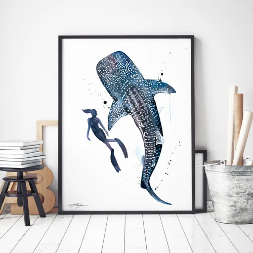Whale shark and freediver watercolor painting, limited edition art print by Slaveika Aladjova