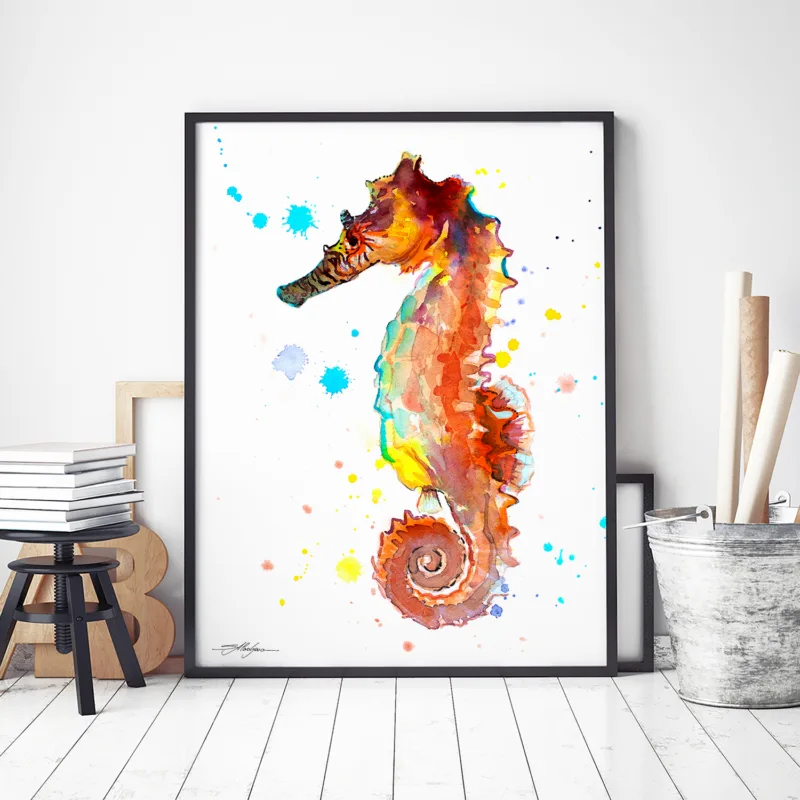 Orange seahorse watercolor painting, limited edition art print by Slaveika Aladjova, view 3