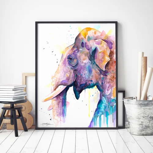 Asian elephant head watercolor painting, limited edition art print by Slaveika Aladjova