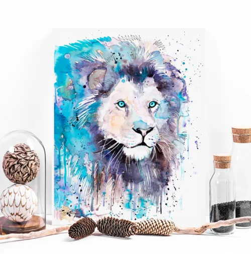 Blue Lion watercolor painting print by Slaveika Aladjova, art, animal, illustration, Blue lion watercolor painting, limited edition art print by Slaveika Aladjova