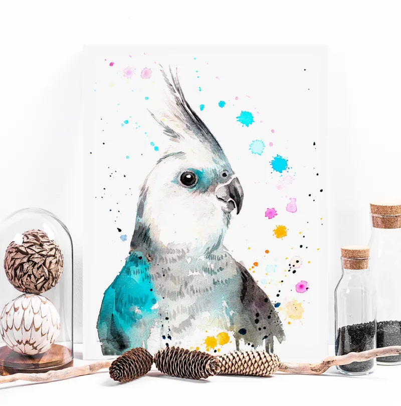 Cockatiel watercolor painting, limited edition art print by Slaveika Aladjova, view 3