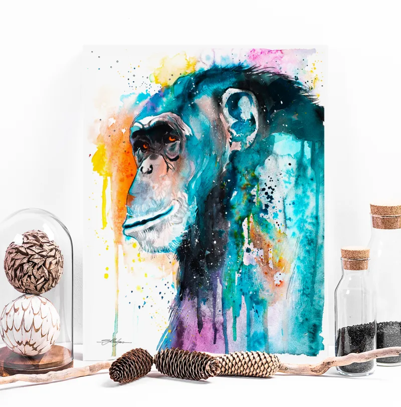 Colorful chimpanzee watercolor painting, limited edition art print by Slaveika Aladjova