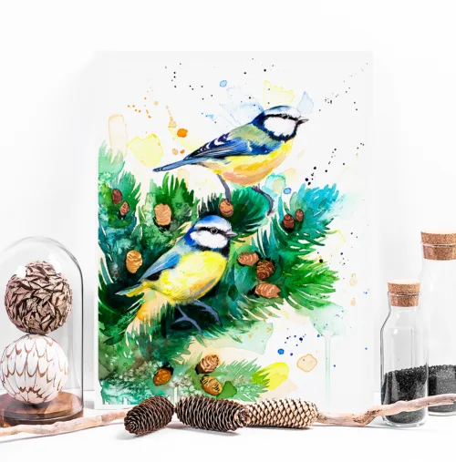 Two Eurasian blue tits on a spruce branch, watercolor painting, limited edition art print by Slaveika Aladjova