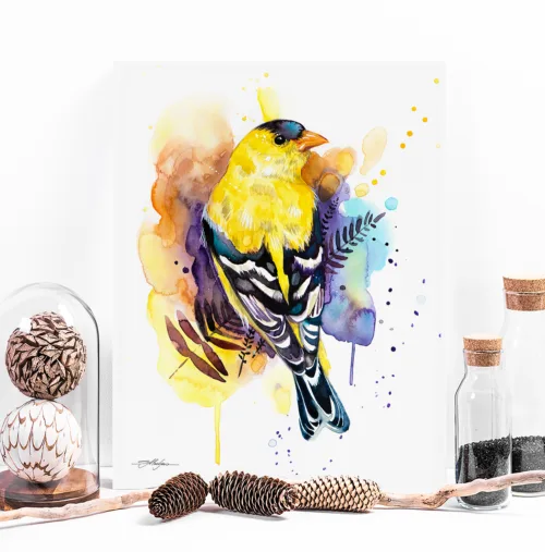 American goldfinch watercolor painting, limited edition art print by Slaveika Aladjova, view 2