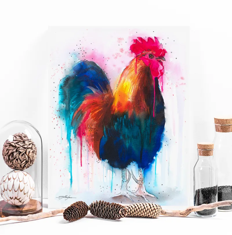 Colorful rooster watercolor painting, limited edition art print by Slaveika Aladjova