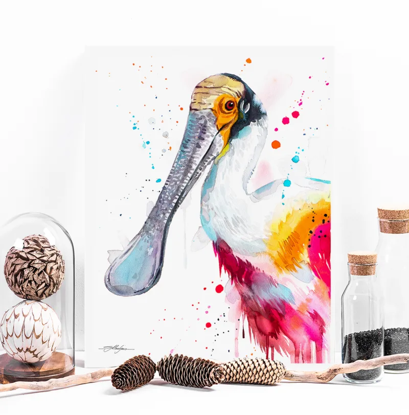 Roseate spoonbill watercolor painting, limited edition art print by Slaveika Aladjova