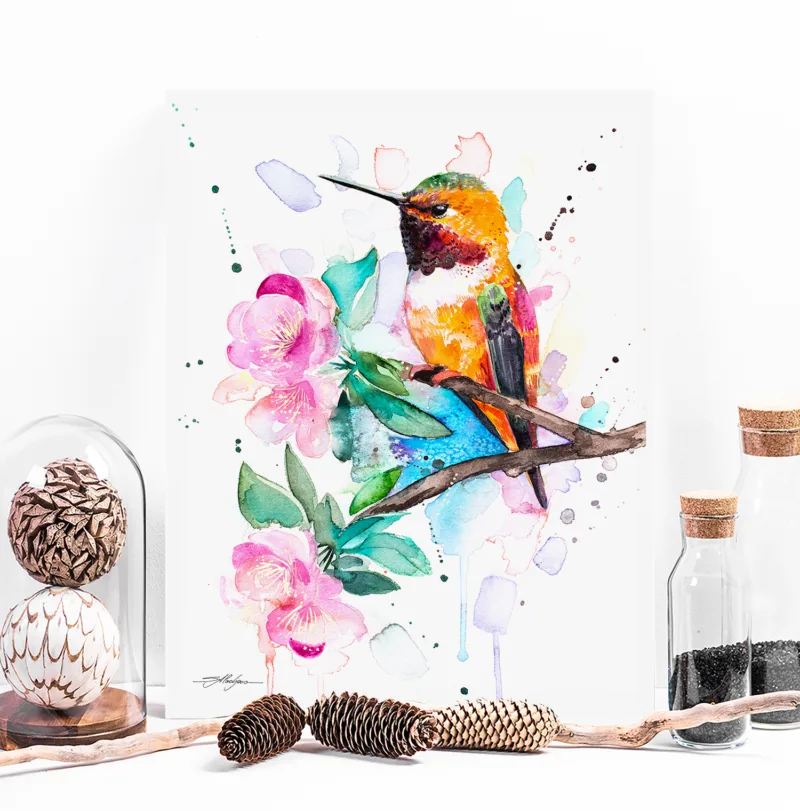 Rufous hummingbird among pink blossoms, watercolor painting, limited edition art print by Slaveika Aladjova, view 4