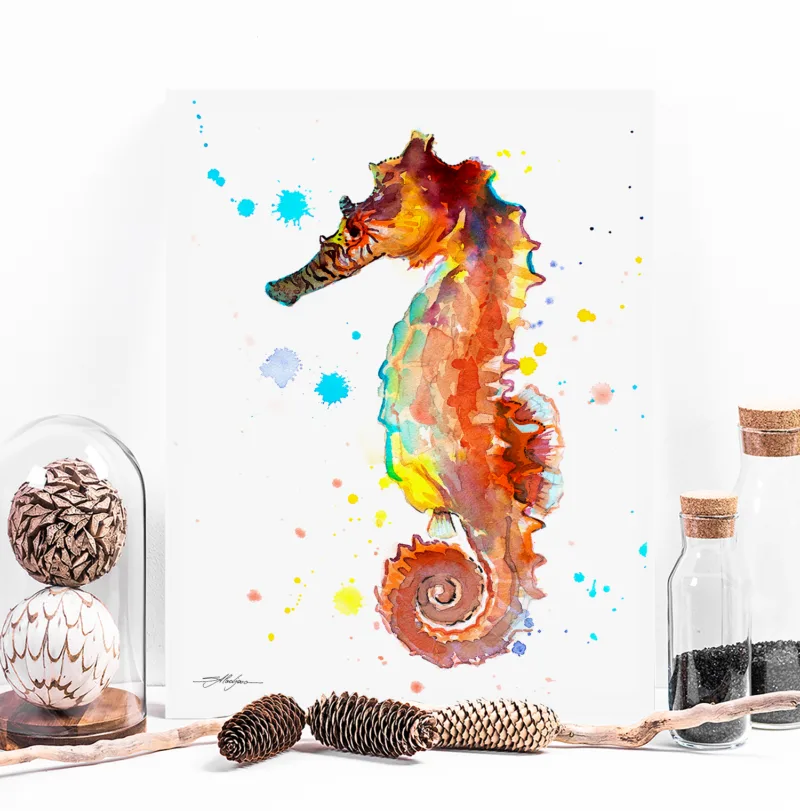 Orange seahorse watercolor painting, limited edition art print by Slaveika Aladjova, view 4