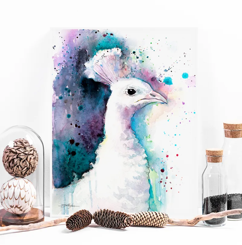 White peacock watercolor painting, limited edition art print by Slaveika Aladjova
