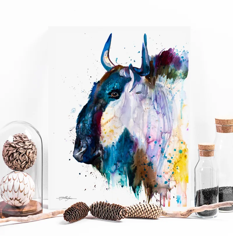 Blue wildebeest gnu watercolor painting, limited edition art print by Slaveika Aladjova