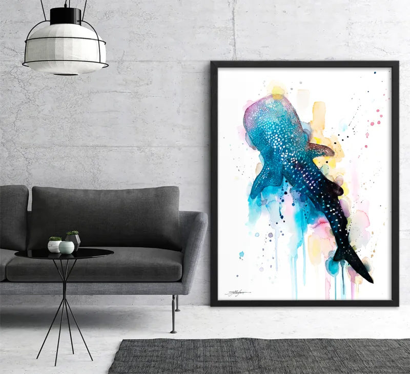 Whale shark from above, watercolor painting, limited edition art print by Slaveika Aladjova, view 3