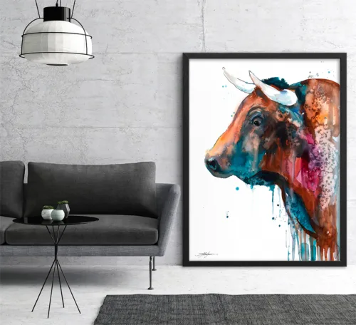 Brown bull watercolor painting, limited edition art print by Slaveika Aladjova, view 2