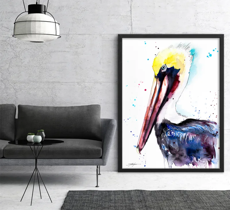 Brown pelican watercolor painting, limited edition art print by Slaveika Aladjova, view 3