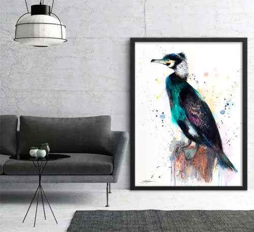 Cormorant watercolor painting, limited edition art print by Slaveika Aladjova, view 2
