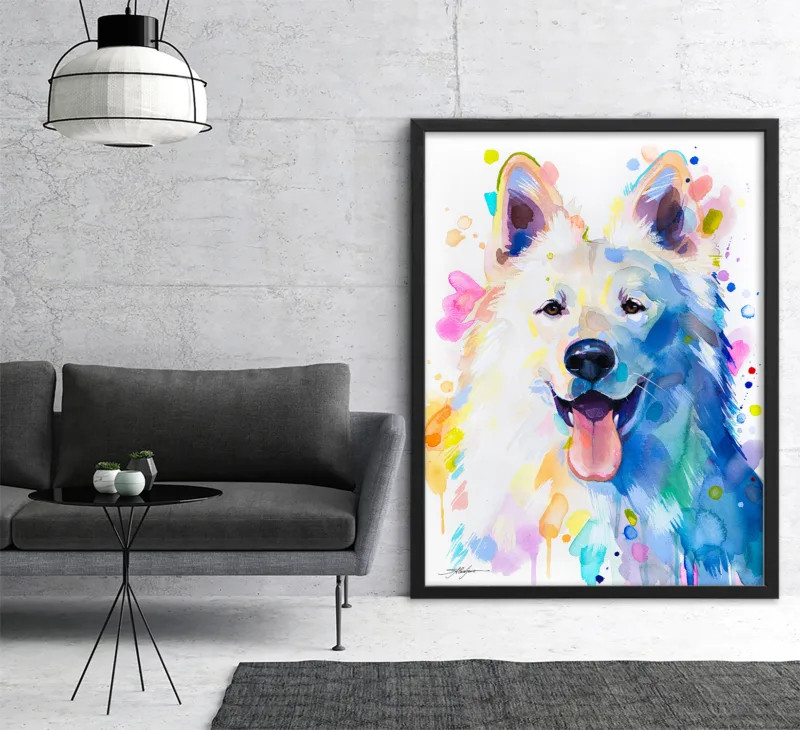 White Swiss Shepherd watercolor painting, limited edition art print by Slaveika Aladjova, view 3