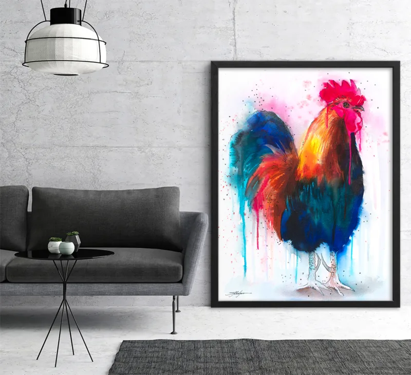 Colorful rooster watercolor painting, limited edition art print by Slaveika Aladjova, view 4
