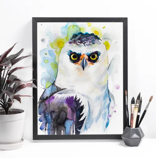 Black-and-white hawk-eagle watercolor painting, limited edition art print by Slaveika Aladjova, view 2