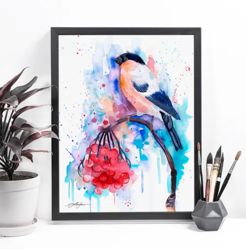 Bullfinch watercolor painting, limited edition art print by Slaveika Aladjova, view 2