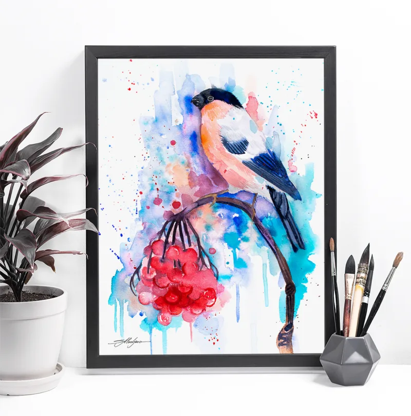 Bullfinch watercolor painting, limited edition art print by Slaveika Aladjova, view 2