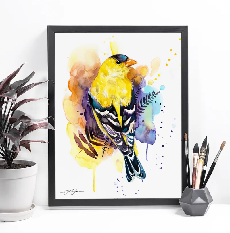 American goldfinch watercolor painting, limited edition art print by Slaveika Aladjova, view 3
