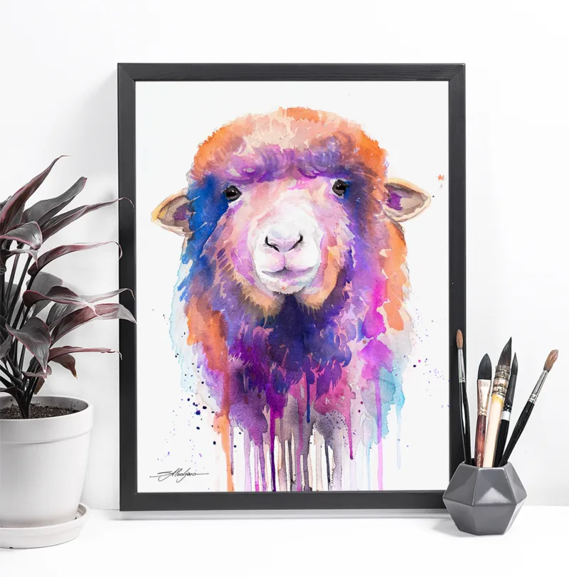 Colorful sheep watercolor painting, limited edition art print by Slaveika Aladjova, view 2