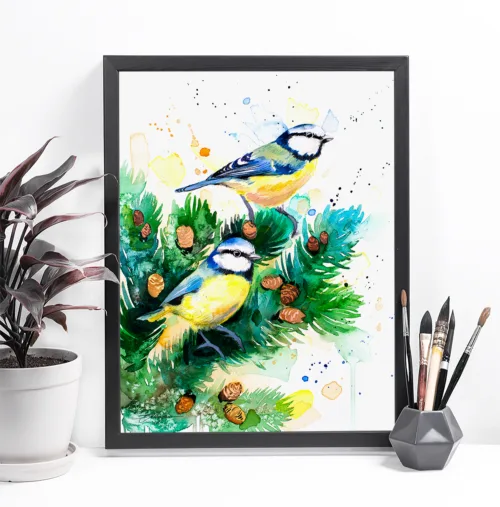 Two Eurasian blue tits on a spruce branch, watercolor painting, limited edition art print by Slaveika Aladjova, view 2